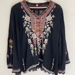 JOHNNY WAS Heavily Embroidered Black V-Neck; Petite Small; Runs Large: NWOT!